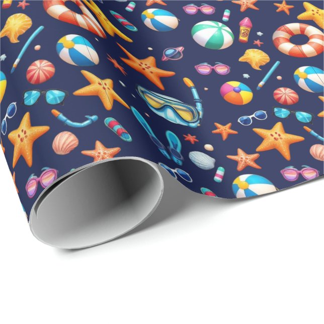 Papel De Presente Padrão de diversão de verão azul (Ponta do rolo)
