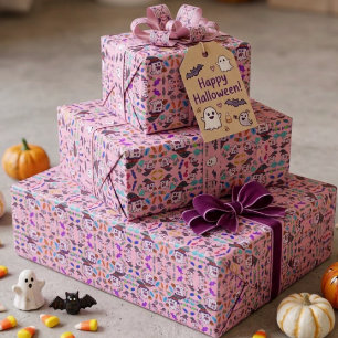 Papel De Presente Padrão de Doces de Halloween Pastel e Bruxas Fanta