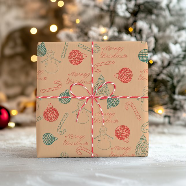 Papel De Presente Padrão de Doodle de Natal | Bonecos de Neve, Árvor (Criador carregado)
