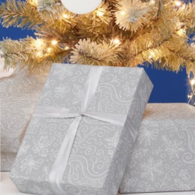 Papel De Presente Padrão de Dormência de Natal da Prata Doodle (Criador carregado)