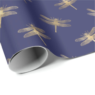 Papel De Presente Padrão de Dragonfly Dourada Azul do Marinho Moder