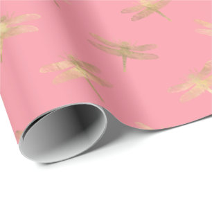 Papel De Presente Padrão de Dragonfly Dourada Rosa Moderno