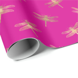 Papel De Presente Padrão de Dragonfly Dourada Rosa Quente Moderno 