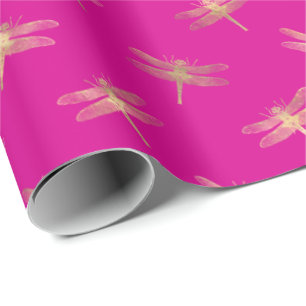 Papel De Presente Padrão de Dragonfly Dourada Rosa Quente Moderno