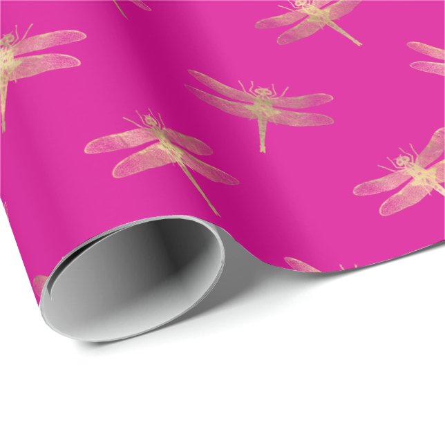 Papel De Presente Padrão de Dragonfly Dourada Rosa Quente Moderno  (Ponta do rolo)
