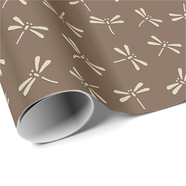 Papel De Presente Padrão de Dragonfly Japonês, Cream e Taupe Tan (Ponta do rolo)
