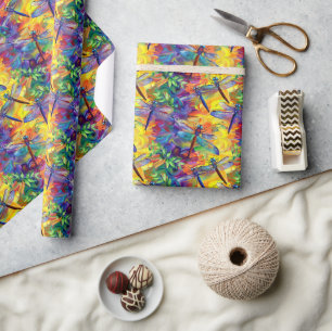 Papel De Presente Padrão de Dragonfly Whimsical com Backgroun Vibran