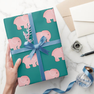 Papel De Presente Padrão de Elefante Bebê Rosa-Rosa-Bonito Verde