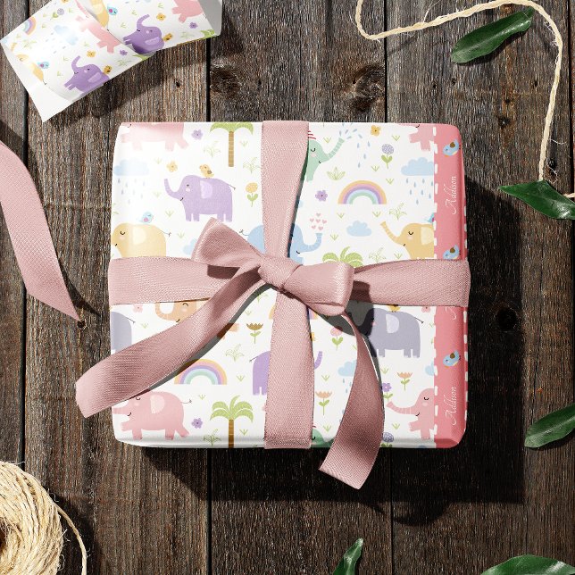 Papel De Presente Padrão de Elefante de Pastel Rosa para Festa Menin (Criador carregado)