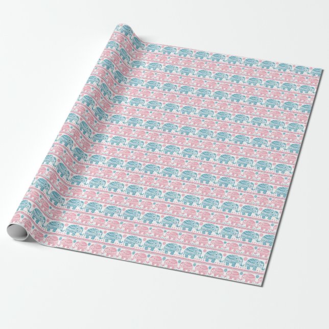 Papel De Presente Padrão De Elefante Étnico Rosa E Teal (Desenrolado)