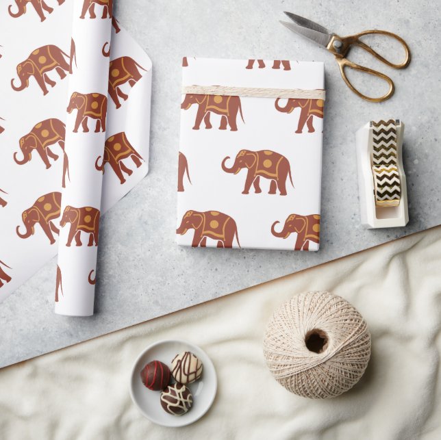 Papel De Presente Padrão de Elefante Marrom legante branco (Artesanato)