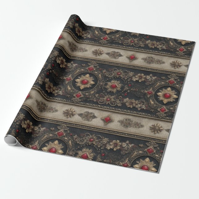 Papel De Presente Padrão de Elegância Gótica Barroca Rubi (Desenrolado)