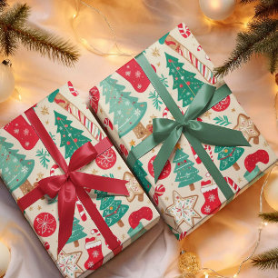 Papel De Presente Padrão de Elementos Tradicionais de Natal Elegante