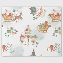 Papel De Presente Padrão de Elves de Papai Noel em Aquarela Capricho