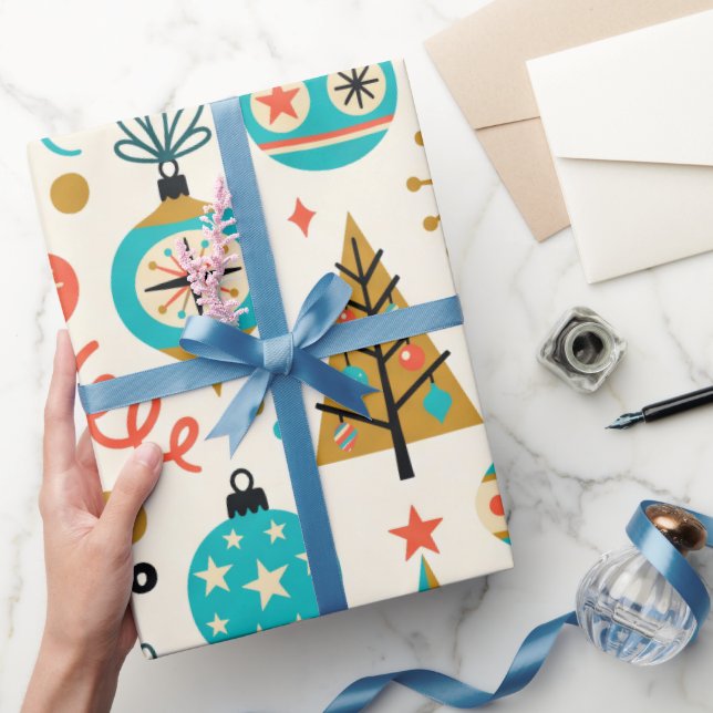 Papel De Presente Padrão de enfeites de árvores de Natal atômicas re (Presentear)