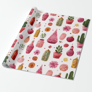 Papel De Presente Padrão de enfeites de Natal de Cacto Rosa