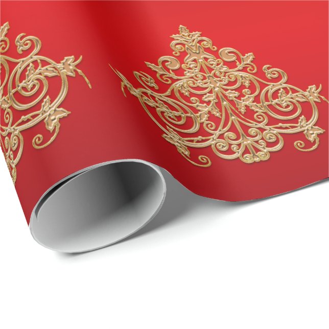 Papel De Presente Padrão de Enfeites de natal Dourado elegante (Ponta do rolo)