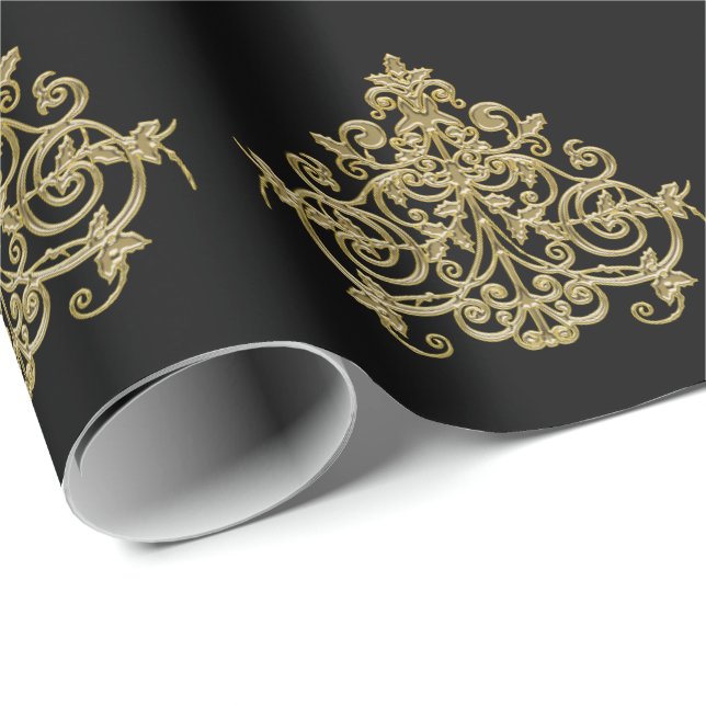 Papel De Presente Padrão de Enfeites de natal Dourado elegante (Ponta do rolo)