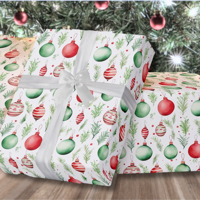 Papel De Presente Padrão de Enfeites Natalino (Cute Festive Holiday Greenery Ornaments Christmas Wrapping Paper)