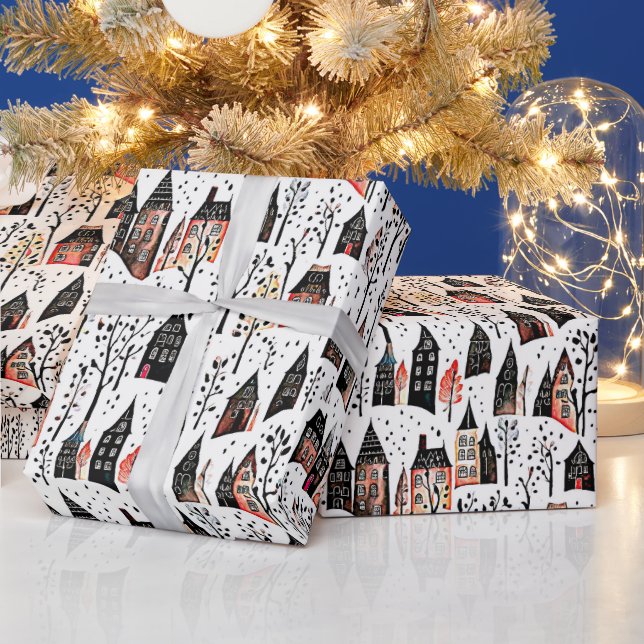 Papel De Presente padrão de esboço de aldeias de inverno natal (Feriados)