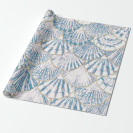 Papel De Presente Padrão de Escalas de Sereia Branca e Azul