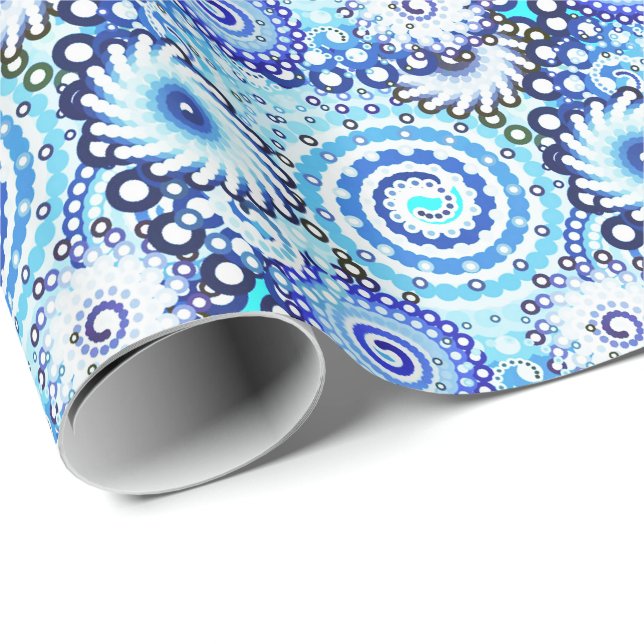 Papel De Presente Padrão de espiral frontal, tons de azul (Ponta do rolo)