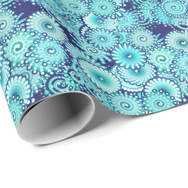 Papel De Presente Padrão de espiral frontal, tons de azul denim (Ponta do rolo)