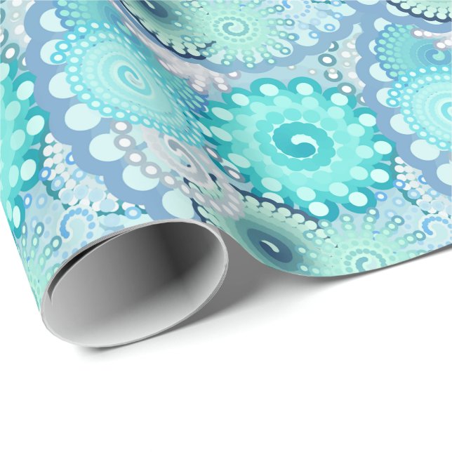 Papel De Presente Padrão de espiral frontal, turquesa, verde, azul (Ponta do rolo)