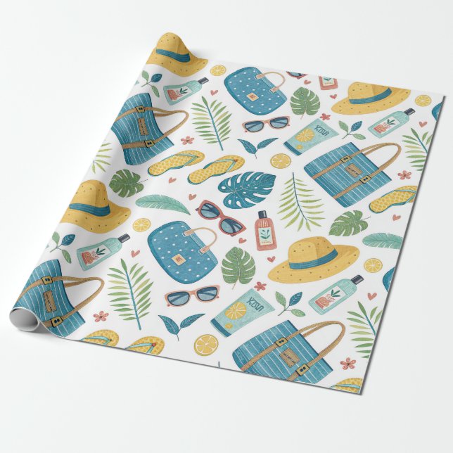 Papel De Presente Padrão de Essenciais de Praia de Verão (2) (Desenrolado)