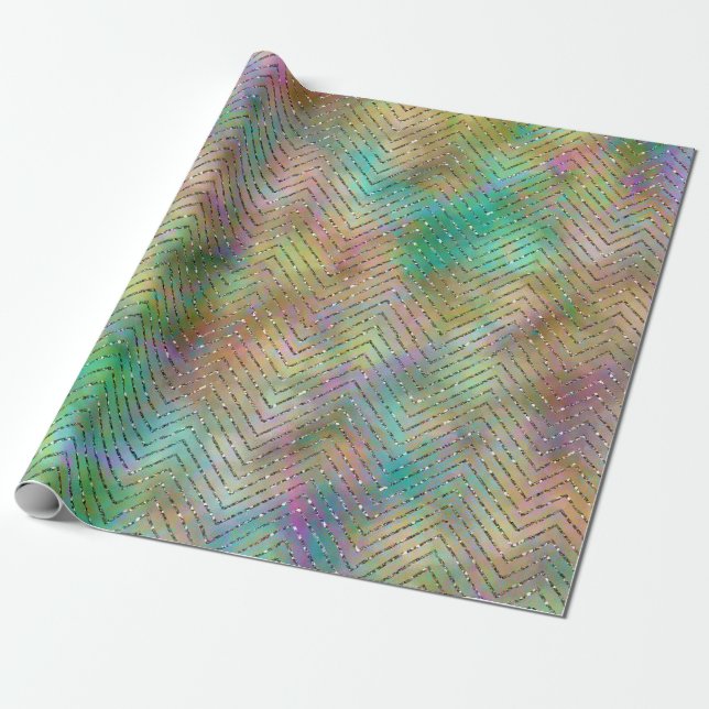 Papel De Presente Padrão de Estampa Chevron Luzes Arco-íris Dourado  (Desenrolado)
