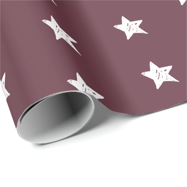 Papel De Presente Padrão de Estrela Burgundy e Branco (Ponta do rolo)