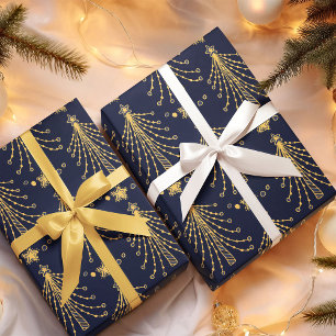 Papel De Presente Padrão de Estrela de Árvore de Natal Dourada Azul 