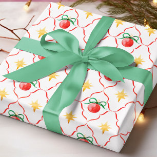 Papel De Presente Padrão de Estrela de Natal com Laço Vermelho Coque