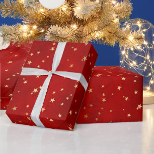 Papel De Presente Padrão de Estrela de Natal Vermelha e Dourada Eleg