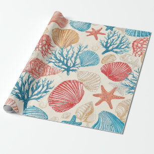 Papel De Presente Padrão de Estrela-do-Mar e Conchas de Praia de Ver