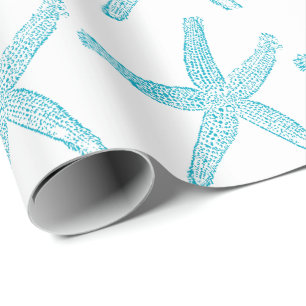 Papel De Presente Padrão de Estrela-do-Mar Praia Azul Verde Verão 20