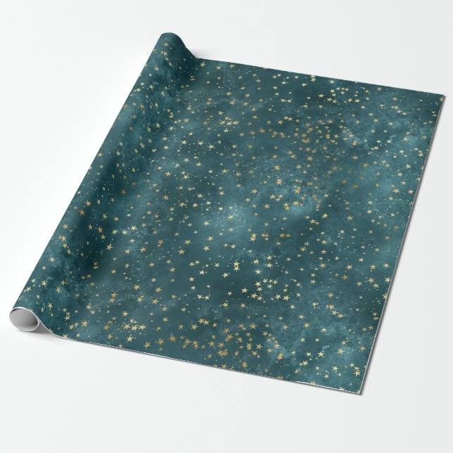 Papel De Presente Padrão de estrela dourada azul esverdeado do céu n (Desenrolado)