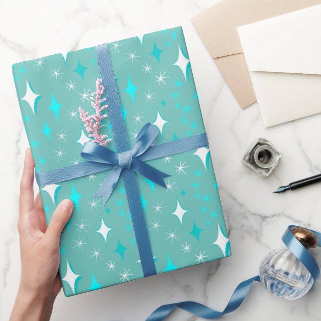 Papel De Presente Padrão de Estrela em Verde Água e Branco Retrô (Presentear)
