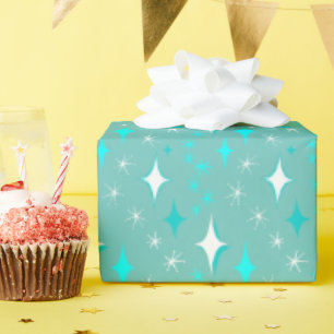 Papel De Presente Padrão de Estrela em Verde Água e Branco Retrô