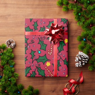 Papel De Presente Padrão de Estrelas de Azevinho de Natal e Bastões 