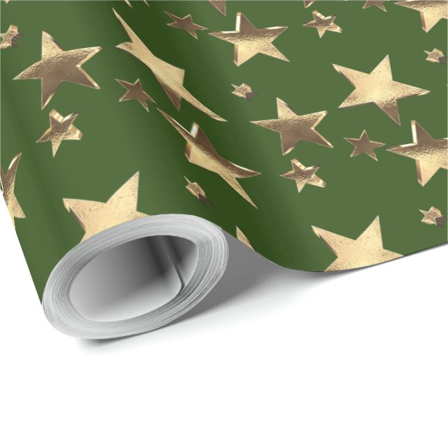 Papel De Presente Padrão de estrelas Douradas do Faux Verde de Natal (Ponta do rolo)