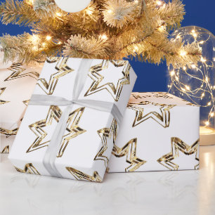 Papel De Presente Padrão de Estrelas Douradas Elegantes Natal Branco