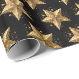 Papel De Presente Padrão de estrelas douradas elegantes pretas Ano N