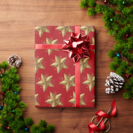 Papel De Presente Padrão de Estrelas Douradas Elegantes Vermelho Ano