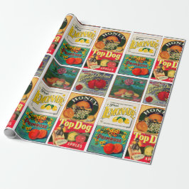 Papel De Presente Padrão de Etiquetas de Fruta de Vintage