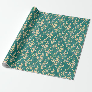 Papel De Presente Padrão de Eucalipto Azul-Verde e Dourado