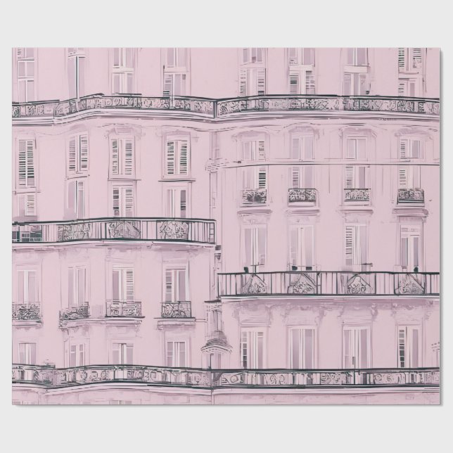 Papel De Presente Padrão de Fachada de Apartamento Parisiense Rosa | (Aberto)