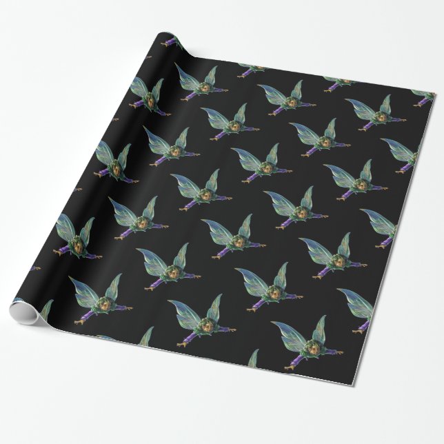 Papel De Presente Padrão de Fada Fantasia em Preto (Desenrolado)
