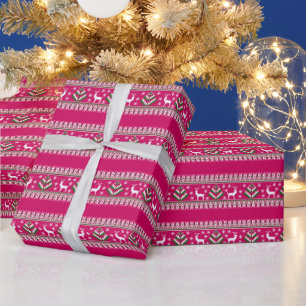 Papel De Presente Padrão de Fair Isle de Inverno de Rena em Rosa