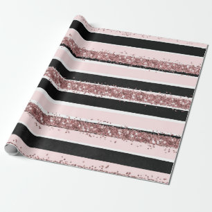 Papel De Presente Padrão de Faixa Brilhante Negra Cor-de-Rosa Dourad